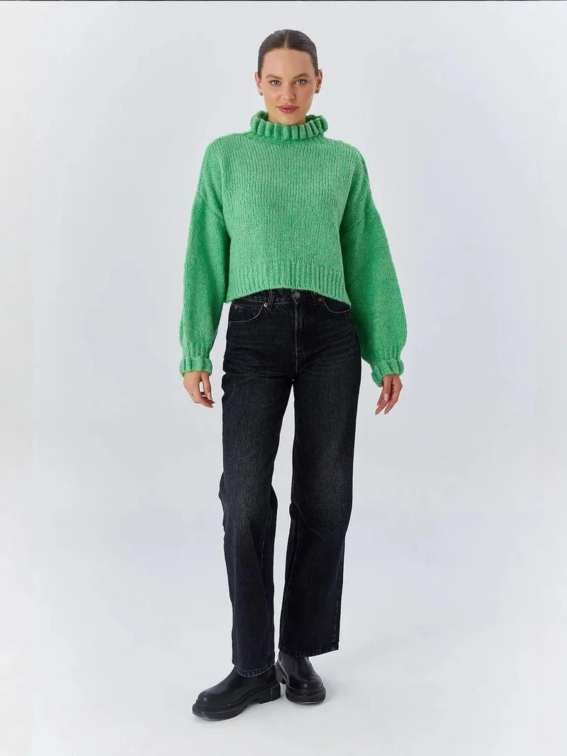 Mixray Mint Green Mixray Thick Turtleneck Textured Crop Sweater for Women | Best Price UAE