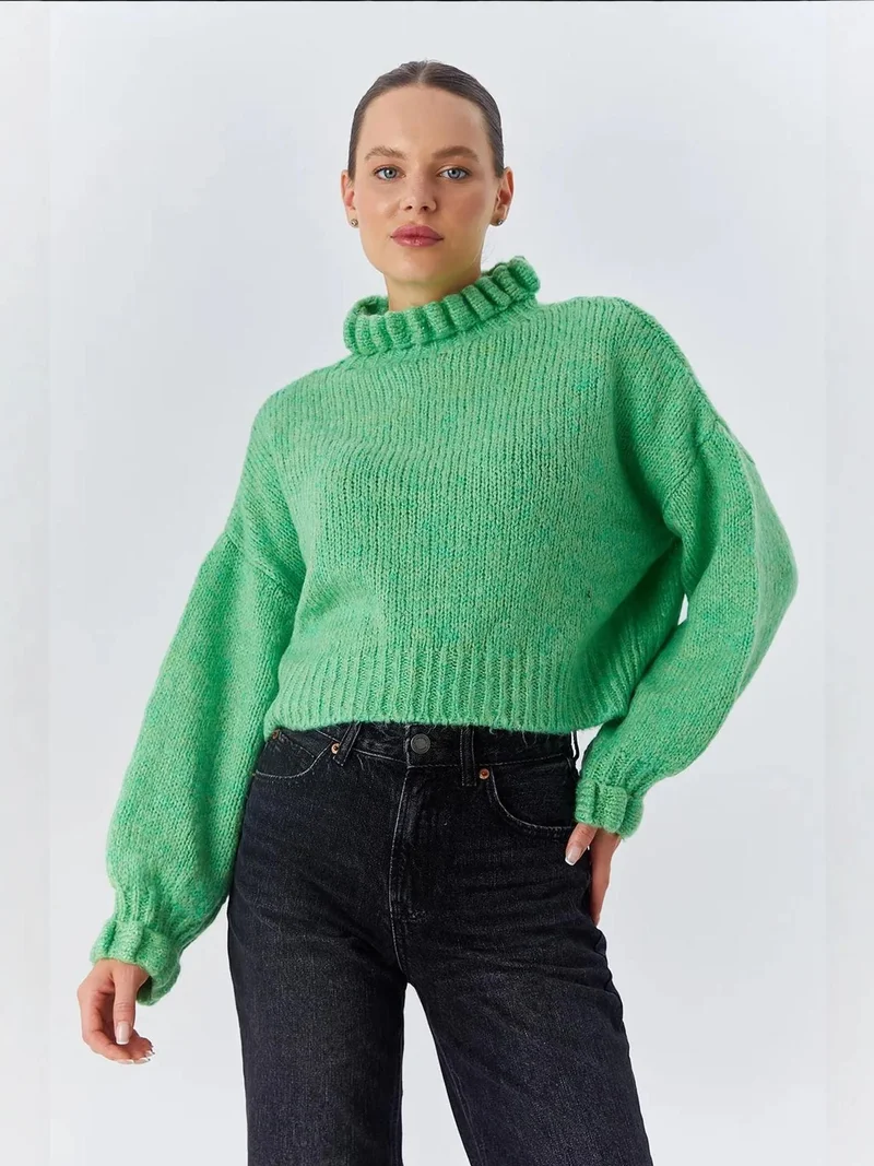 Mixray Mint Green Mixray Thick Turtleneck Textured Crop Sweater for Women | Best Price UAE