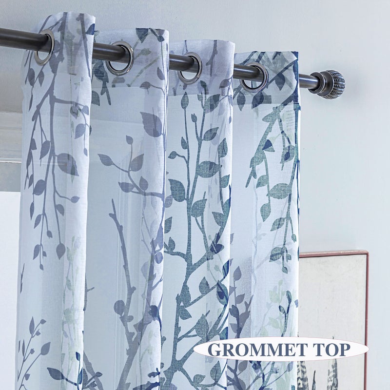 Luvyohmee White Navy Blue Curtains 63 Inch Length 2 Panels, Semi Sheer Window Curtain Drapes for Living Room/Bedroom, Blue Nature Tree Branches Patterned Linen Curtains Grommet W52XL63 - Image 2