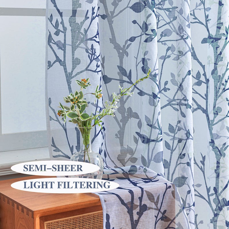 Luvyohmee White Navy Blue Curtains 63 Inch Length 2 Panels, Semi Sheer Window Curtain Drapes for Living Room/Bedroom, Blue Nature Tree Branches Patterned Linen Curtains Grommet W52XL63 - Image 3