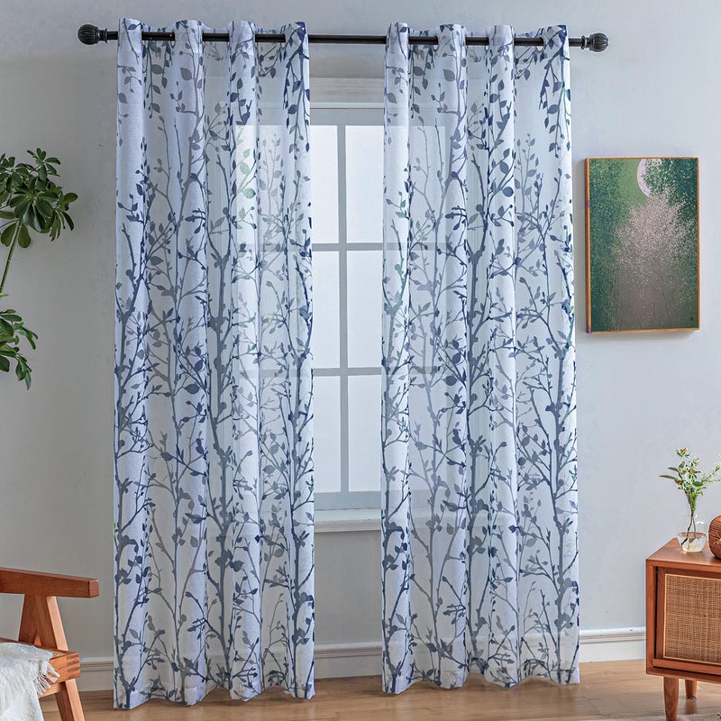 Luvyohmee White Navy Blue Curtains 63 Inch Length 2 Panels, Semi Sheer Window Curtain Drapes for Living Room/Bedroom, Blue Nature Tree Branches Patterned Linen Curtains Grommet W52XL63 - Image 1