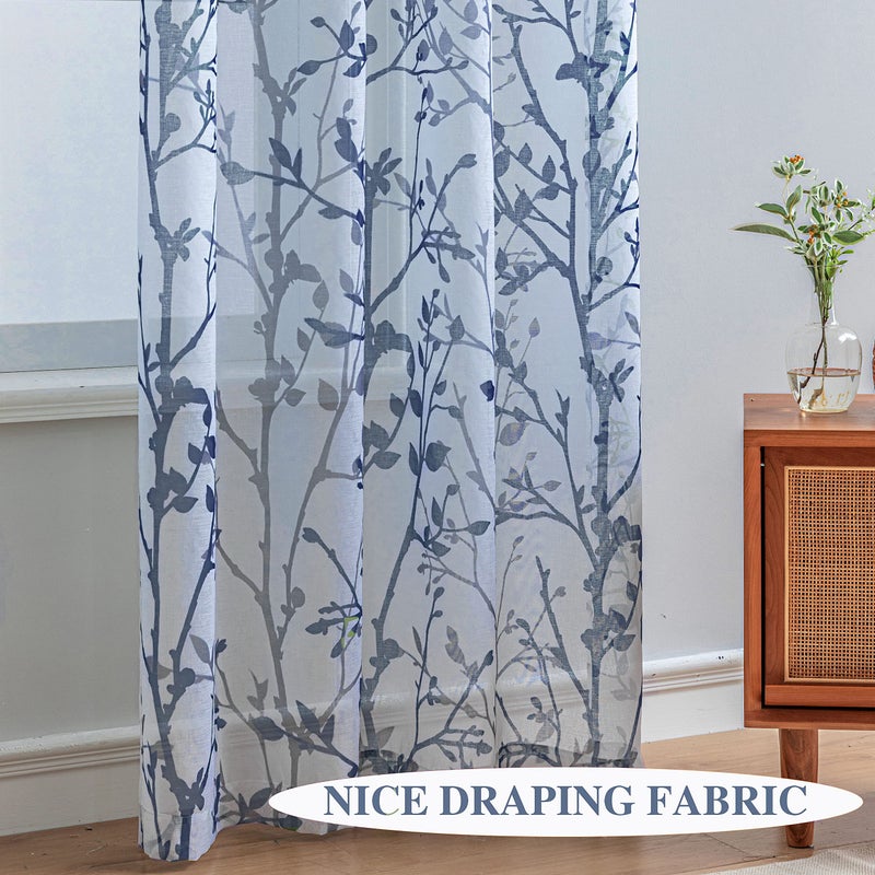 Luvyohmee White Navy Blue Curtains 63 Inch Length 2 Panels, Semi Sheer Window Curtain Drapes for Living Room/Bedroom, Blue Nature Tree Branches Patterned Linen Curtains Grommet W52XL63 - Image 4
