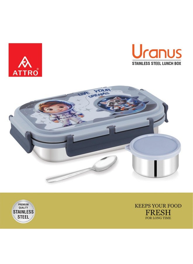 Attro Uranus Stainless Steel Lunch Box with 1 Small Container & Spoon Eyecatchy Astronaut Print BPA Free Food Grade 800ml+170ml- Grey - Image 2