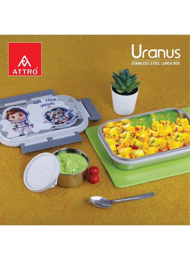 Attro Uranus Stainless Steel Lunch Box with 1 Small Container & Spoon Eyecatchy Astronaut Print BPA Free Food Grade 800ml+170ml- Grey - Image 3