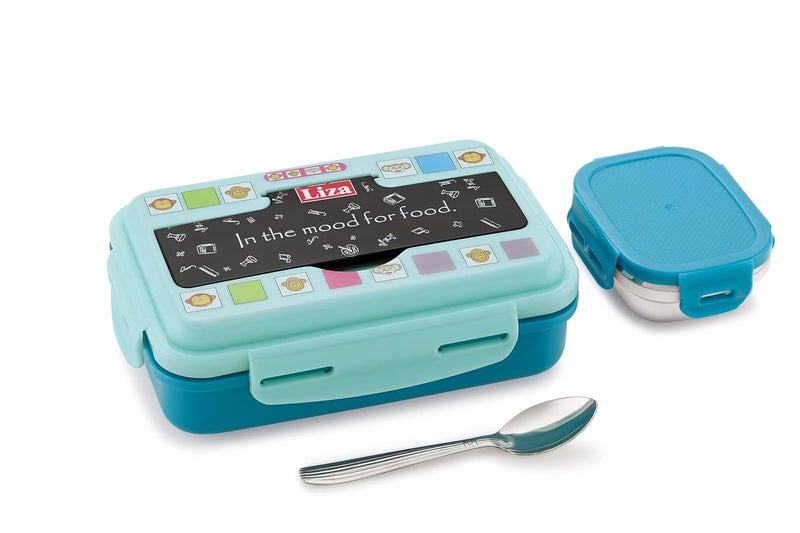 Nabhya Good Meal Small Stainless Steel Lunch Box for Kids,Outer Plastic & Inner Steel Tiffin Box for School & Office, Kids Lunch Box with Extra Steel Katori & Steel Spoon (900 with Print, Blue) - Image 1