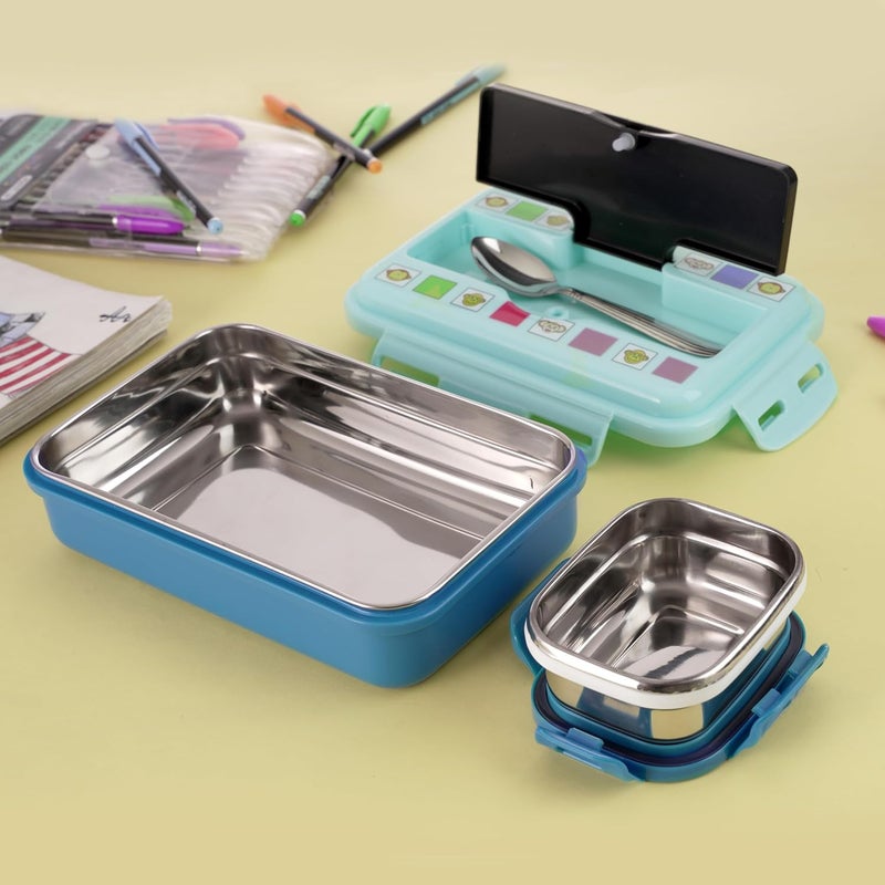 Nabhya Good Meal Small Stainless Steel Lunch Box for Kids,Outer Plastic & Inner Steel Tiffin Box for School & Office, Kids Lunch Box with Extra Steel Katori & Steel Spoon (900 with Print, Blue) - Image 4