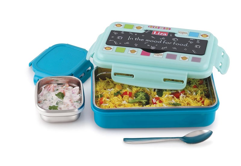 Nabhya Good Meal Small Stainless Steel Lunch Box for Kids,Outer Plastic & Inner Steel Tiffin Box for School & Office, Kids Lunch Box with Extra Steel Katori & Steel Spoon (900 with Print, Blue) - Image 3