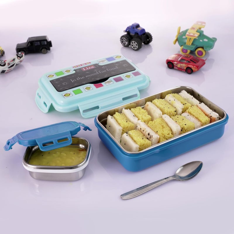 Nabhya Good Meal Small Stainless Steel Lunch Box for Kids,Outer Plastic & Inner Steel Tiffin Box for School & Office, Kids Lunch Box with Extra Steel Katori & Steel Spoon (900 with Print, Blue) - Image 2