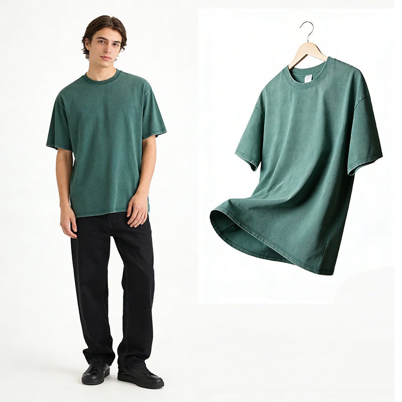 Heavyweight 300g Solid Washed Wax Print Short Sleeve T-Shirt for Men - Image 4