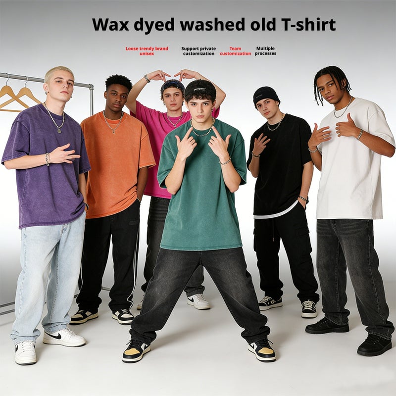 Heavyweight 300g Solid Washed Wax Print Short Sleeve T-Shirt for Men - Image 1
