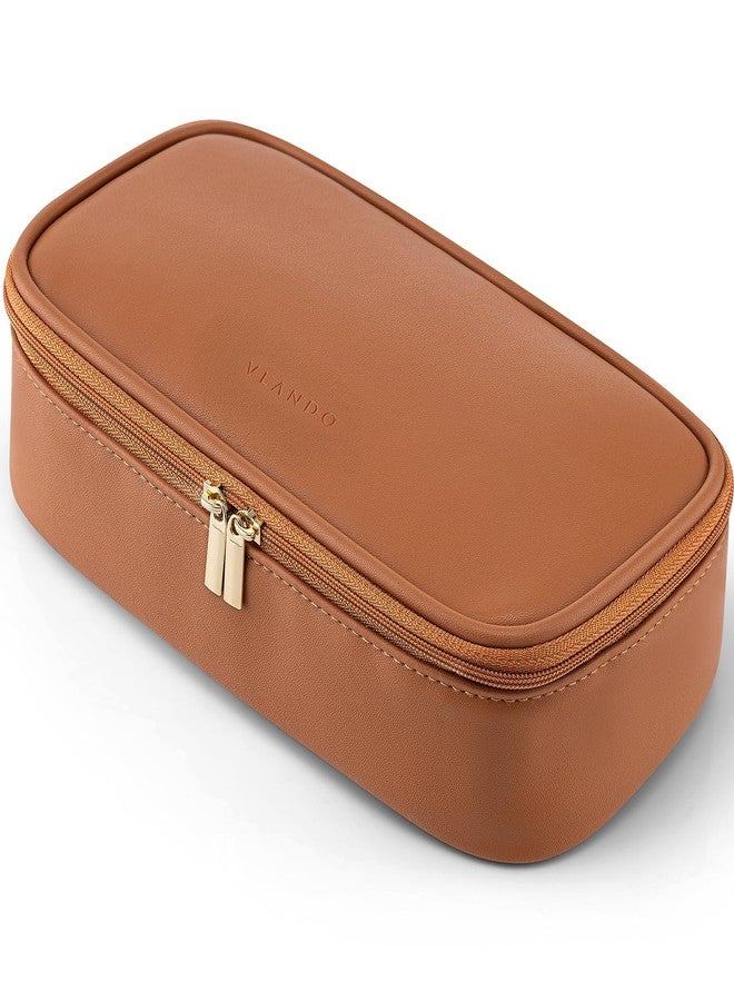 Vlando Travel Makeup Bag,Small Travel Make up Cosmetic Bag,PU Leather Makeup Organizer Bag, 01-Brown - Image 1