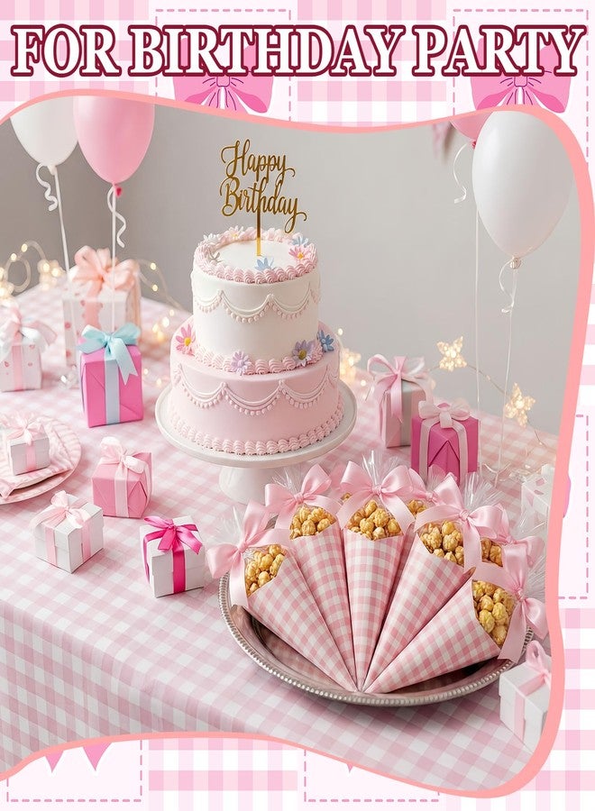 Epakh 150 Sets Pink Gingham Party Supplies Cone Cellophane Bag Set Treat Bags with Ribbon and Stickers for Birthday Party Wedding Baby Shower - Image 5