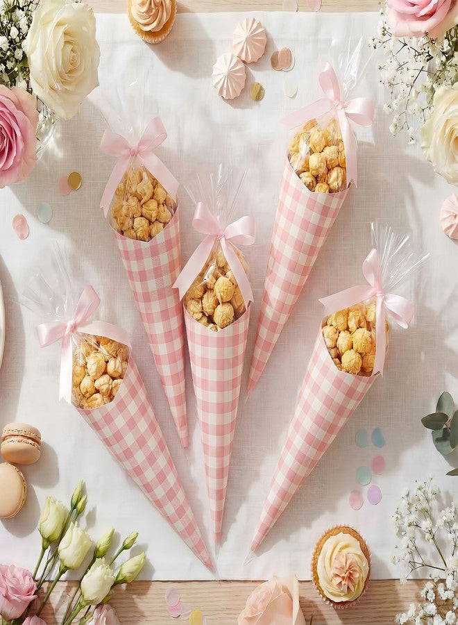 Epakh 150 Sets Pink Gingham Party Supplies Cone Cellophane Bag Set Treat Bags with Ribbon and Stickers for Birthday Party Wedding Baby Shower - Image 1