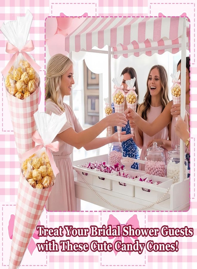 Epakh 150 Sets Pink Gingham Party Supplies Cone Cellophane Bag Set Treat Bags with Ribbon and Stickers for Birthday Party Wedding Baby Shower - Image 2