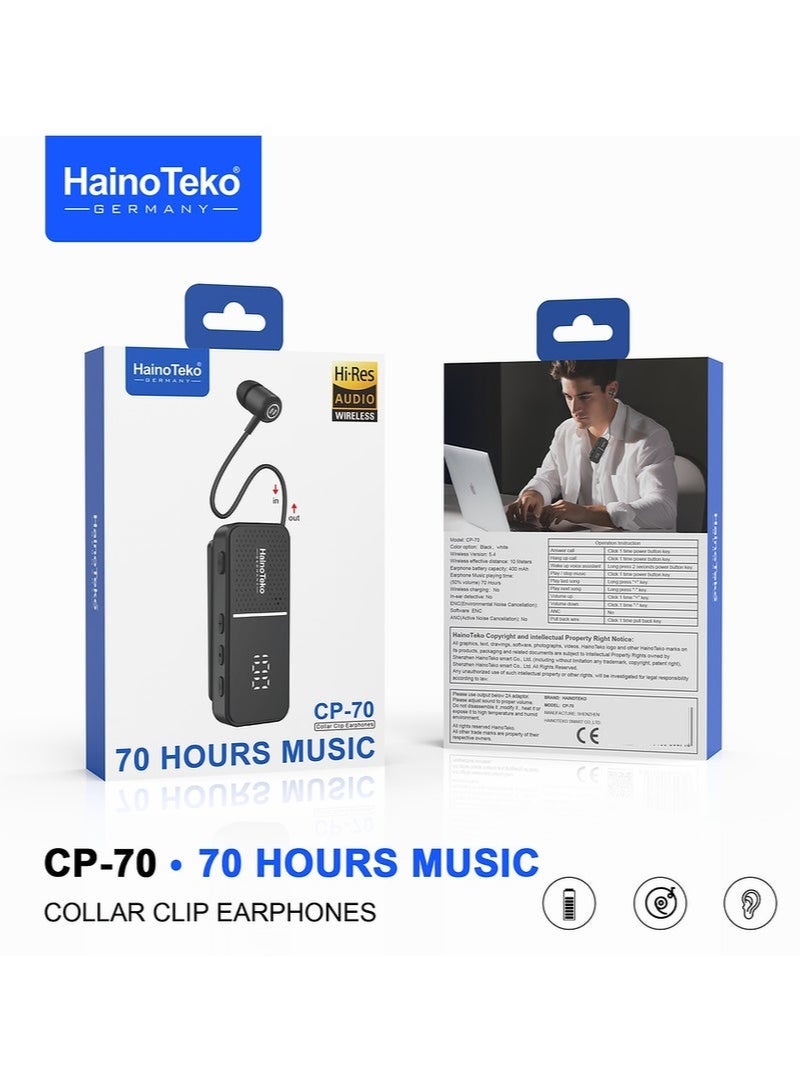 Haino Teko CP-70 Wireless Collar Clip Earphones | 70 Hours Music Playback, Multi-Functional Button Control, Noise Reduction Mic, Bluetooth 5.3 Connectivity, Lightweight & Comfortable Design – White - Image 5