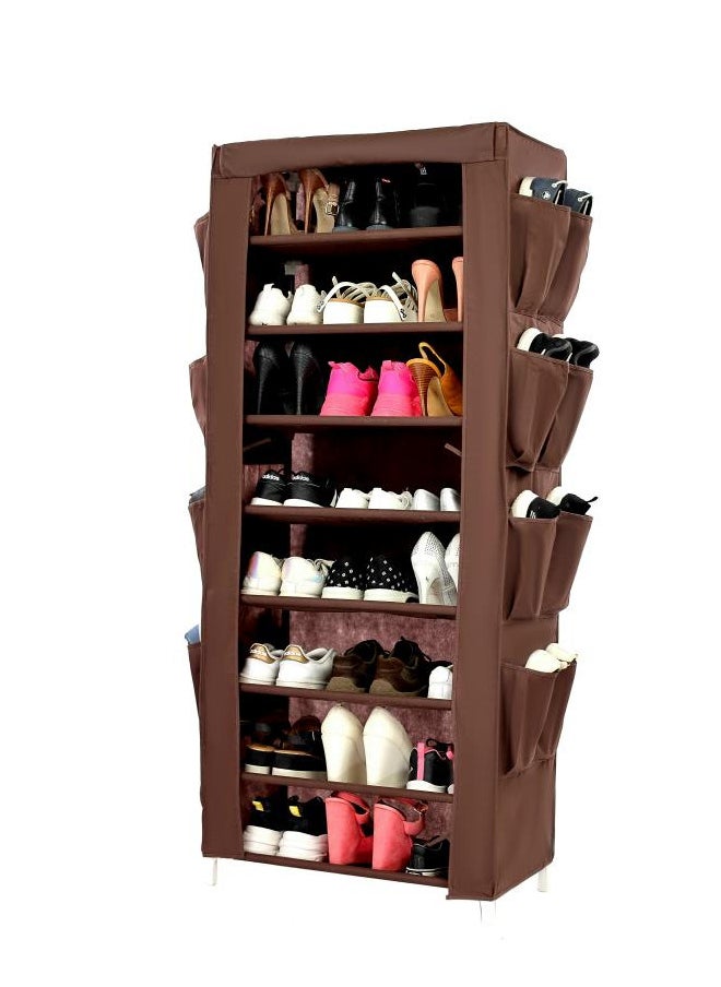 TTTP The Professionals Choice Shoe Rack W/Fabric Cover,8 Shelves & 8 Pockets On Each Side 61x30x144cm Brown Color  - Image 1