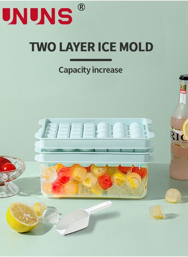 UNUNS - Ice Cube Mold,2 Pack 32 Grid Square And Ice Cube Ball Tray,Double Layer Ice Cube Tray With Storage Box And Ice Shovel,Blue - Image 1