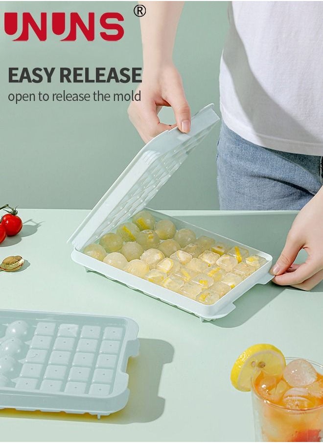 UNUNS - Ice Cube Mold,2 Pack 32 Grid Square And Ice Cube Ball Tray,Double Layer Ice Cube Tray With Storage Box And Ice Shovel,Blue - Image 1