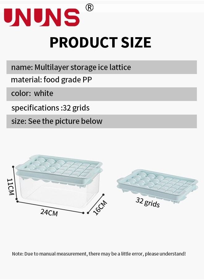 UNUNS - Ice Cube Mold,2 Pack 32 Grid Square And Ice Cube Ball Tray,Double Layer Ice Cube Tray With Storage Box And Ice Shovel,Blue - Image 1