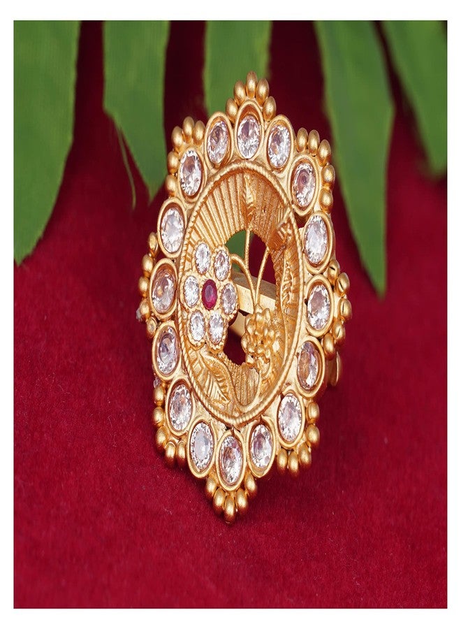 JFL - Jewellery for Less Stylish Matte Gold Plated Floral LCD Champagne Color American Diamond Red Stone Studded Adjustable Finger Ring Women & Girls - Image 2