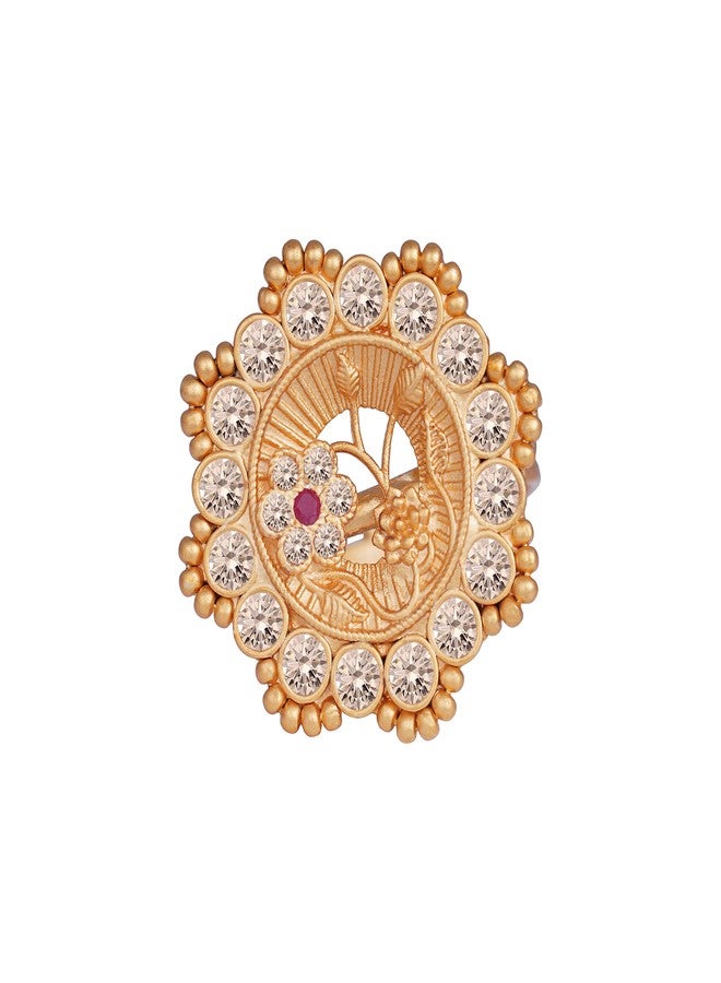JFL - Jewellery for Less Stylish Matte Gold Plated Floral LCD Champagne Color American Diamond Red Stone Studded Adjustable Finger Ring Women & Girls - Image 1