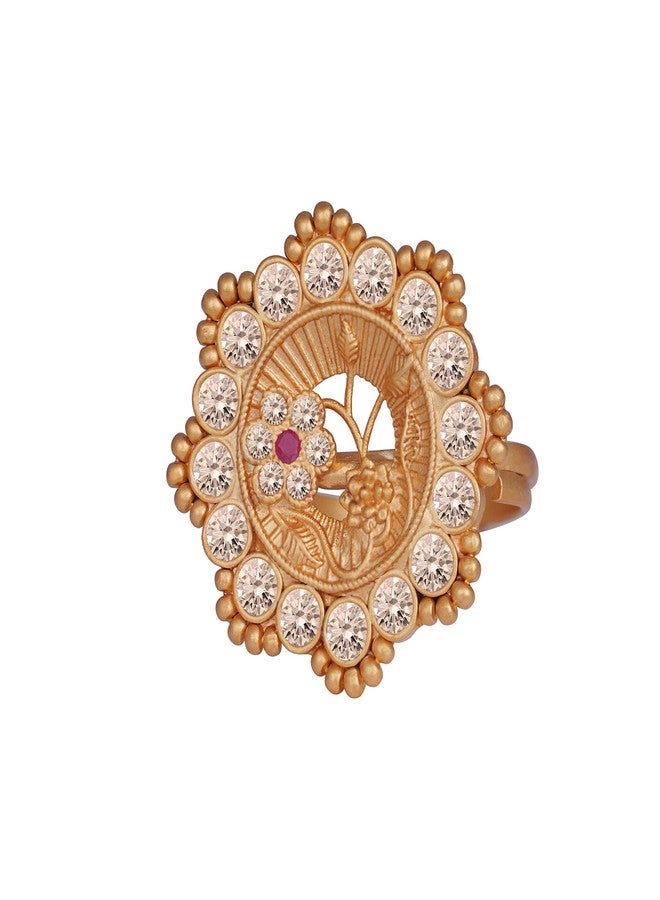 JFL - Jewellery for Less Stylish Matte Gold Plated Floral LCD Champagne Color American Diamond Red Stone Studded Adjustable Finger Ring Women & Girls - Image 4