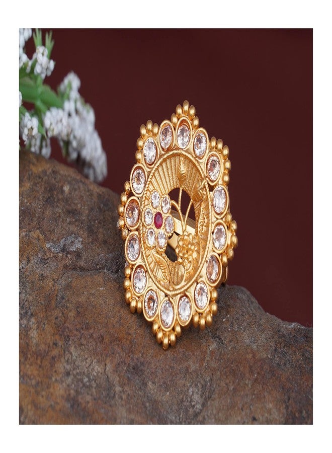 JFL - Jewellery for Less Stylish Matte Gold Plated Floral LCD Champagne Color American Diamond Red Stone Studded Adjustable Finger Ring Women & Girls - Image 3