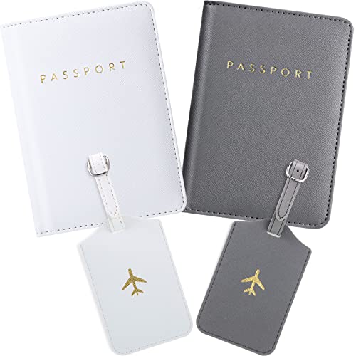 Weewooday 2 Set Mr and Mrs Passport Covers Holder and Luggage Tags Cute Leather Wallets Holder Travel Luggage Tags for Women Men Gift(White, Gray) - Image 1