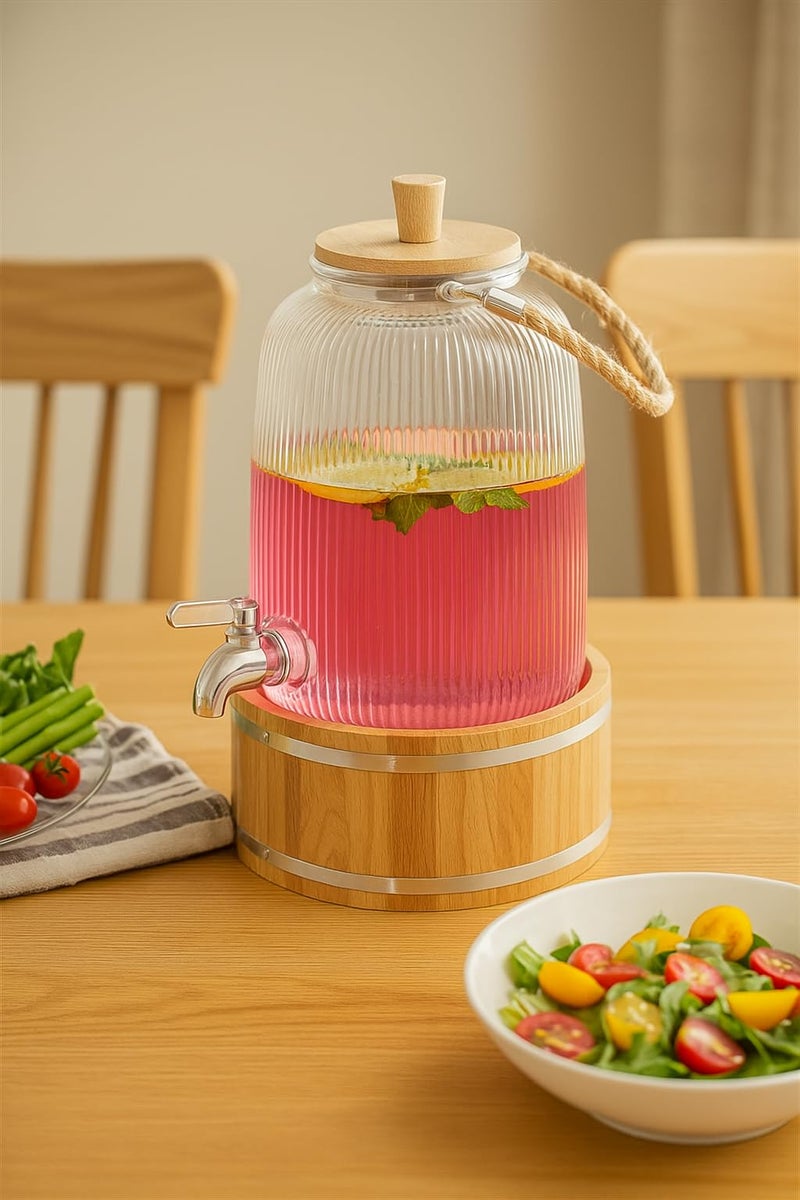 AZLVERA Glass Beverage Dispenser with Wooden Stand, 3L, Ribbed Design, Metal Spigot, Rope Handle | Cold Beverage Dispenser for Beer, Water, Cocktails, and More | Glass Jar | - Image 1