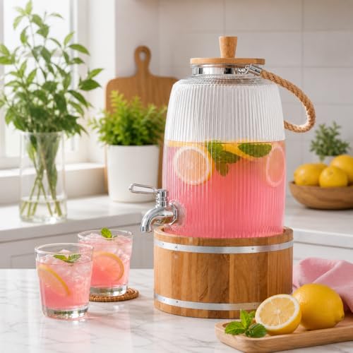 AZLVERA Glass Beverage Dispenser with Wooden Stand, 3L, Ribbed Design, Metal Spigot, Rope Handle | Cold Beverage Dispenser for Beer, Water, Cocktails, and More | Glass Jar | - Image 5