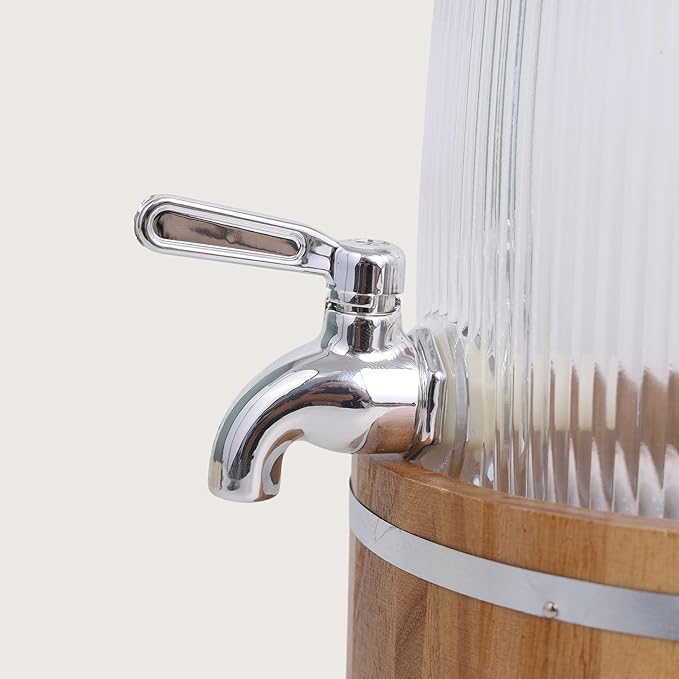 AZLVERA Glass Beverage Dispenser with Wooden Stand, 3L, Ribbed Design, Metal Spigot, Rope Handle | Cold Beverage Dispenser for Beer, Water, Cocktails, and More | Glass Jar | - Image 2