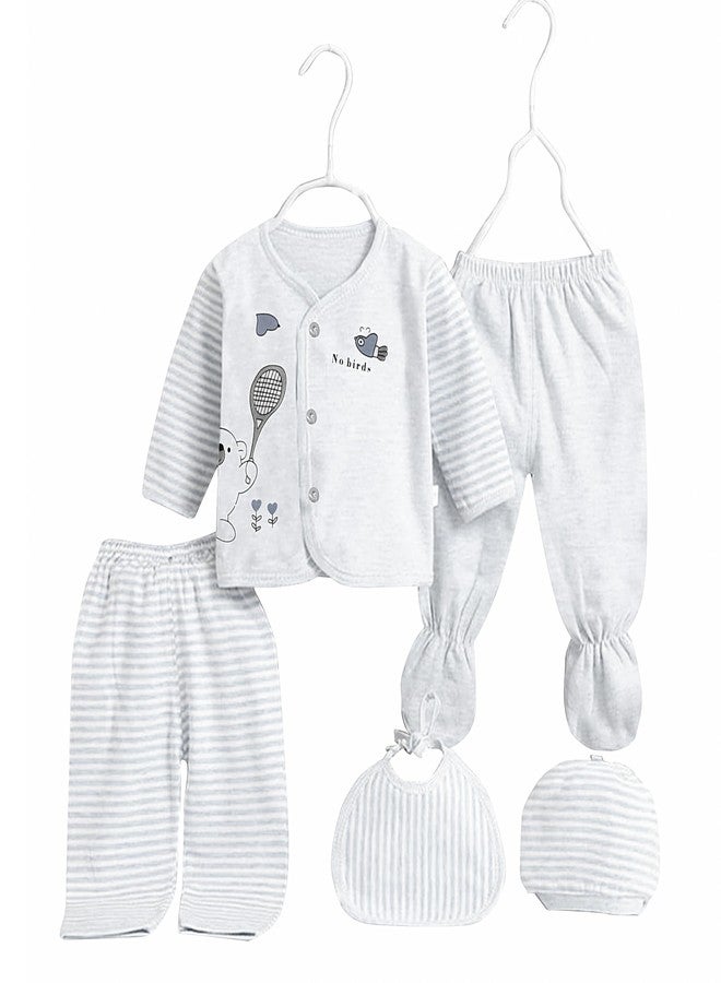 Fancy Walas New Born Baby Winter Wear Keep Warm Keep Warm Cartoon Printed Baby Clothes 5Pcs Set Cotton Boys Girls Unisex Baby Fleece/Falalen or Flannel Suit Infant Clothe First Gift (Grey, 0-3 Months) - Image 1