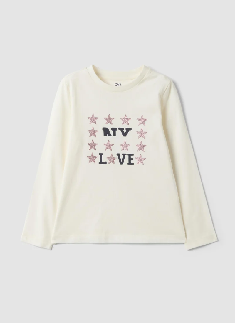 OVS White Pure Organic Cotton T-Shirt With Glitter Print For Girls