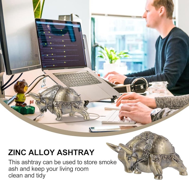 صينية رماد على شكل بقرة من سبائك الزنك مقاومة للرياح مع غطاء حامل سجائر للمكتب والمنزل - Image 4