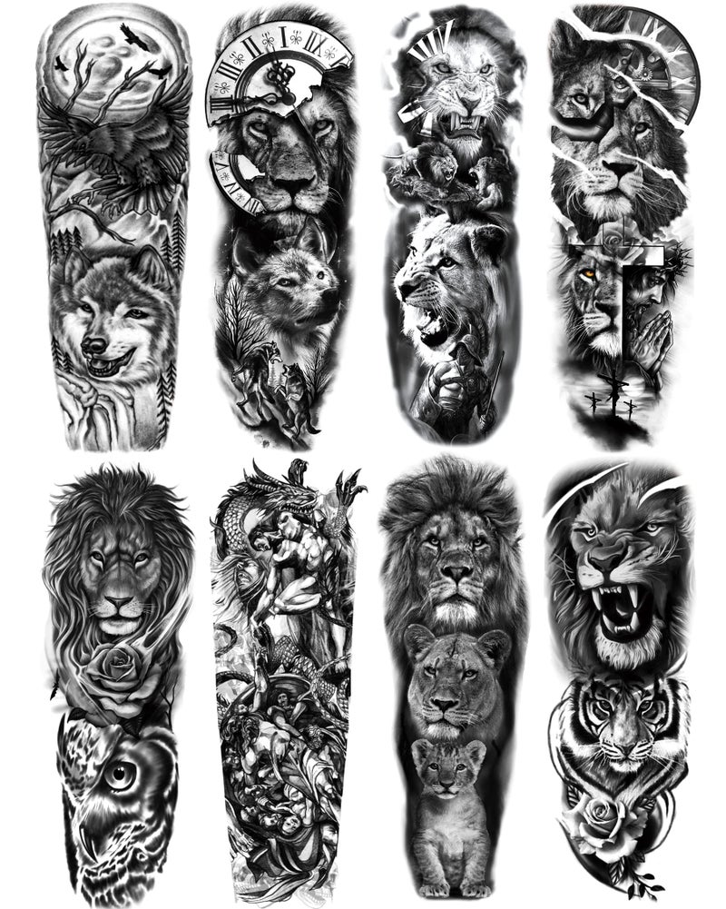 PADOUN Animal Temporary Tattoo Sleeve 8Sheet Large Temporary Tattoos Women Full Sleeve Temporary Tattoos Wolf Lion Tiger Tattoos for Adults Men Waterproof Black