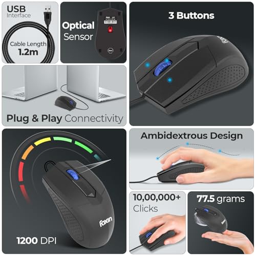 Foxin Wired Mouse Grip | 1200 DPI Optical Sensor | Plug & Play USB | Ergonomic & Lightweight (62g) | 1.2M Cable | 3 Buttons | Silent & Durable | Wired Mouse for Laptop, Desktop, PC & Gaming Use - Image 2