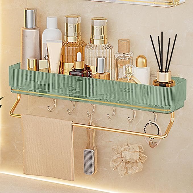 Clefairy Wall Mounted Shelf, Elegant Design Waterproof Aluminum Bathroom Shelf for Kitchen,Clear Type with Hook and Towel Bar(Green) - Image 1