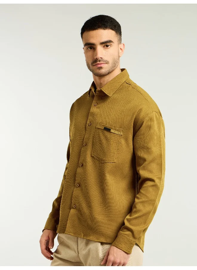 Beyoung Mustard Textured Waffle Shirt