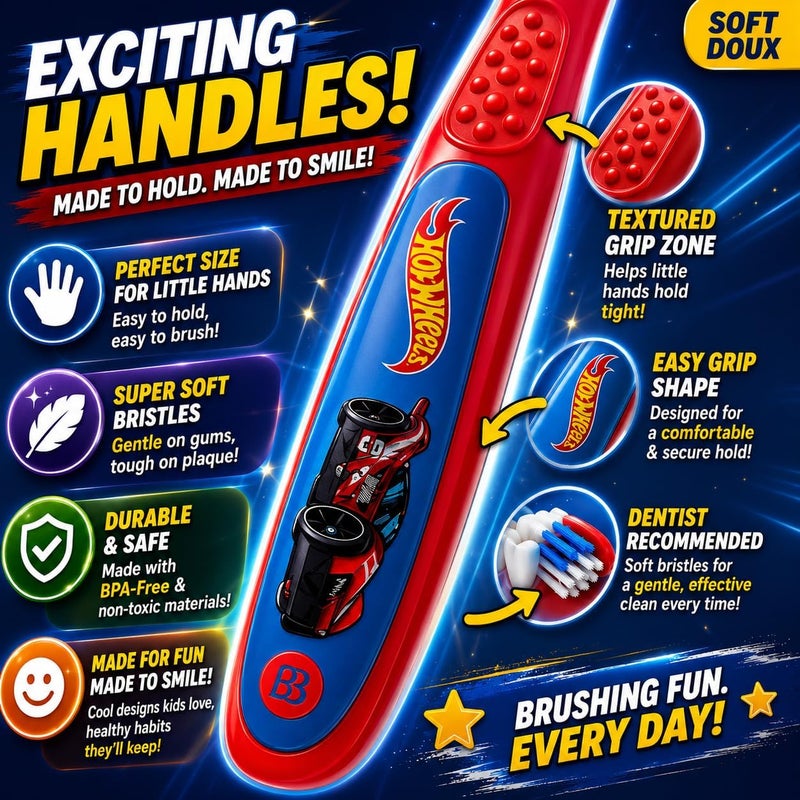 براش باديز فرشاة أسنان Hot Wheels للأطفال، فرشاة أسنان للرضع، فرشاة أسنان للأطفال، فرشاة أسنان بشعيرات ناعمة للأطفال، عبوة تحتوي على 3 قطع - Image 4