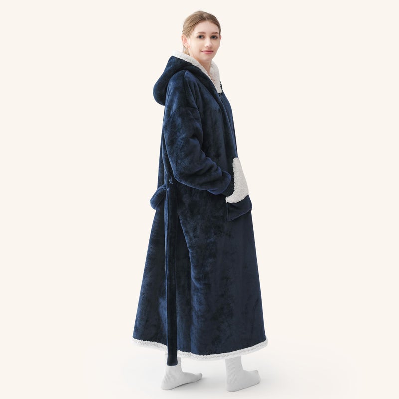 Touchat Touchat Wearable Blanket Hoodie Gifts for Women and Men Warm and Cozy Large Blanket Sweatshirt Thick&Long Sherpa Fleece Hooded Blanket with Oversize Pocket and Belt  Winter Gifts Standard- Navy blue  - Image 2