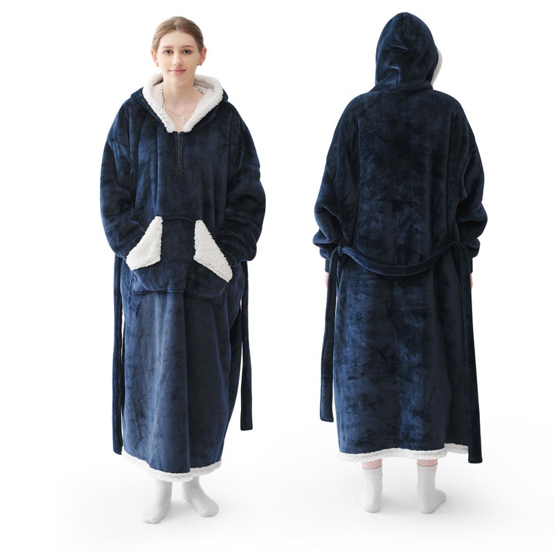 Touchat Touchat Wearable Blanket Hoodie Gifts for Women and Men Warm and Cozy Large Blanket Sweatshirt Thick&Long Sherpa Fleece Hooded Blanket with Oversize Pocket and Belt  Winter Gifts Standard- Navy blue  - Image 1