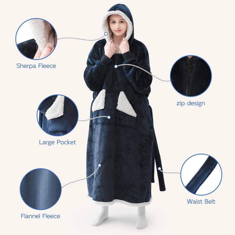 Touchat Touchat Wearable Blanket Hoodie Gifts for Women and Men Warm and Cozy Large Blanket Sweatshirt Thick&Long Sherpa Fleece Hooded Blanket with Oversize Pocket and Belt  Winter Gifts Standard- Navy blue  - Image 3