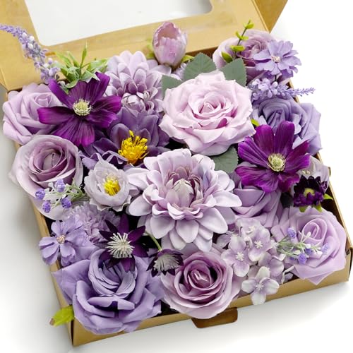 Piklado Artificial Flower Combination Box Set Artificial Flower Loose Leaves and Stems DIY Wedding Center Bouquet Bride Wedding Baby Shower(Lavender & Dark Purple) - Image 1