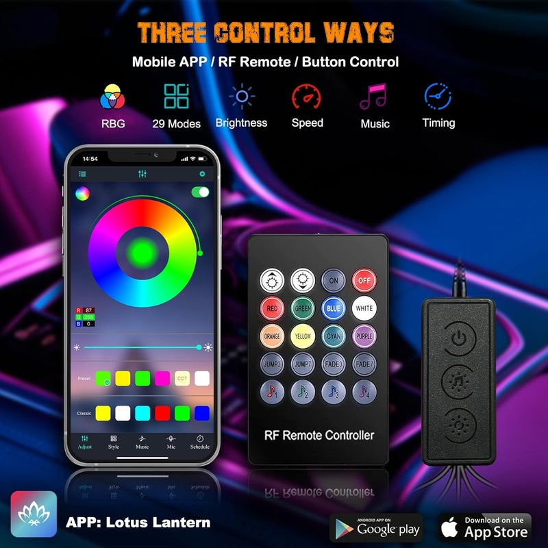 Jushope Car LED Lights - Interior Ambient Lighting Kit with Wireless APP/RF Remote Control, 236" Fiber Optic RGB Sync to Music (9 in 1-USB) - Image 3