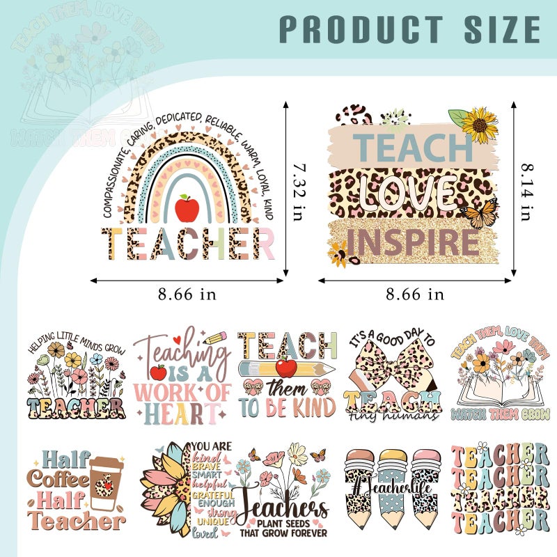 Dazoratix Teacher Iron on Transfers - 12 Sheets Teachers' Day DTF Heat Transfer Ready to Press Decals Patches Appliques Stickers Gift for Clothing T Shirts Clothes Hoodies Hat DIY Craft Decorations - Image 2