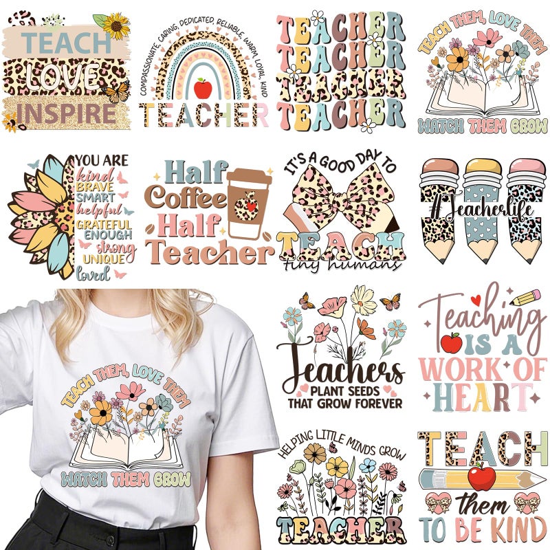Dazoratix Teacher Iron on Transfers - 12 Sheets Teachers' Day DTF Heat Transfer Ready to Press Decals Patches Appliques Stickers Gift for Clothing T Shirts Clothes Hoodies Hat DIY Craft Decorations - Image 1
