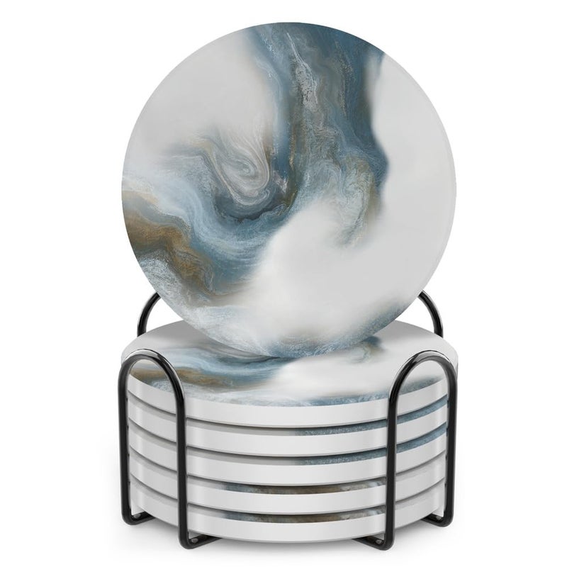 UMIRRO Absorbent Coasters for Drinks with Holder  Ceramic Stone Cup Coasters for Coffee Table  Modern Decorative Mat in Ocean Blue and Grey  Set of 6