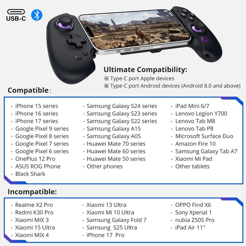 abxylute S9 Full-Size Gaming Phone Controller for iPhone 15/16/17, iPad Mini 6/7 Android Tablet Bluetooth TypeC Mobile Gamepad Free Button Mapping Genshin Impact, Hall Effect Joystick (black) - Image 4