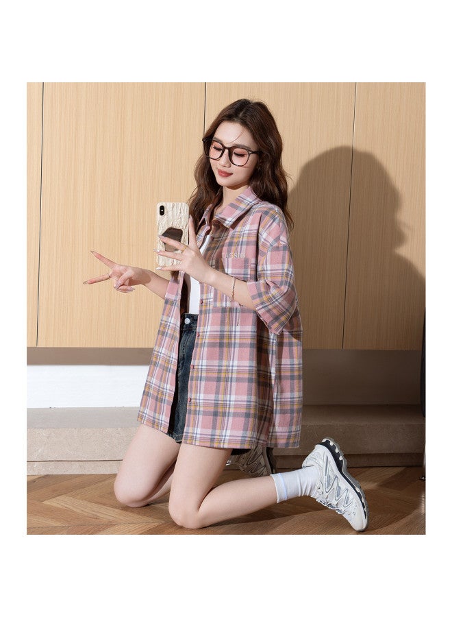 TonLion 2025 Summer Women's Lapel Loose-fit Minimalist Korean-style Stretch Commuter Checkered Short-sleeve Shirt - Image 5