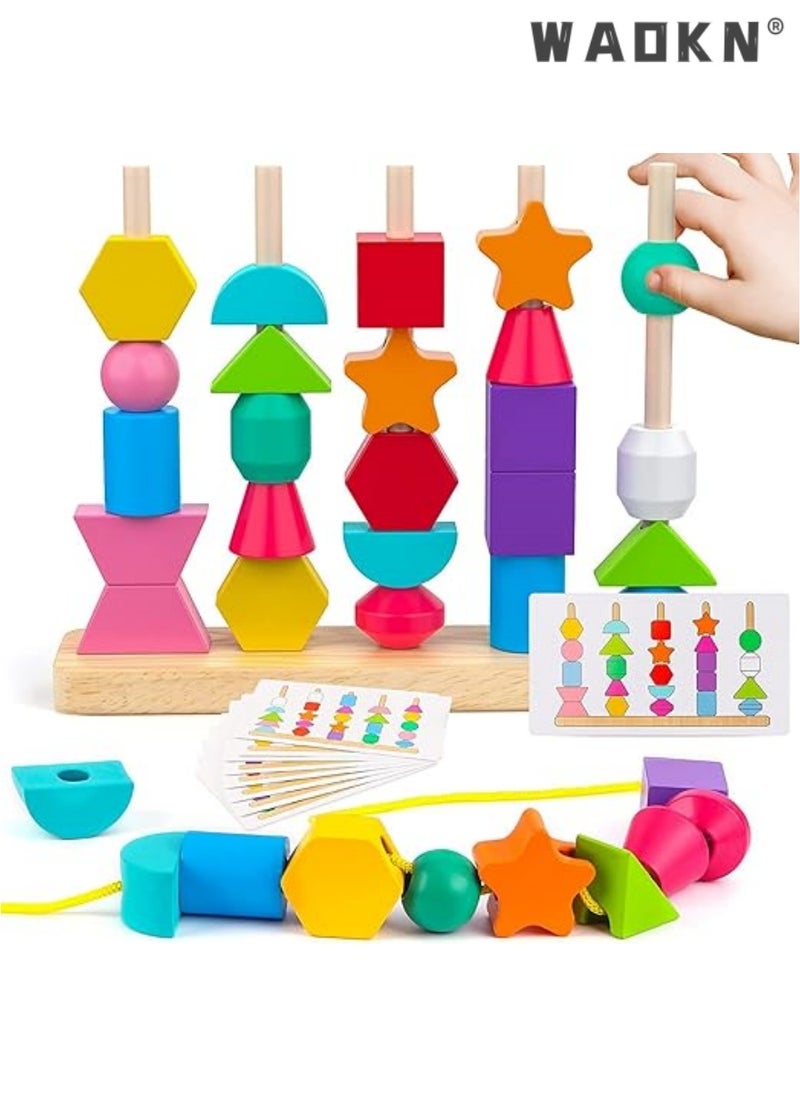 WAOKN Wooden Beads Sequencing Toy Set, Lacing Beads & Matching Shape,Montessori Toys for 2 3 4 5 Year Old Preschool Education Toys Gifts for Kids Boy Girl  - Image 1